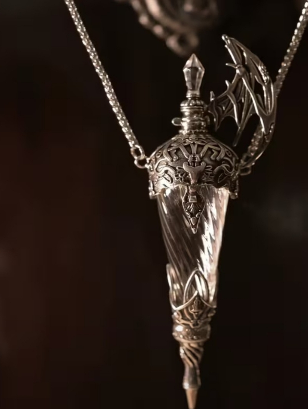 Ornate Silver-Tone Crystal Pendant Necklace